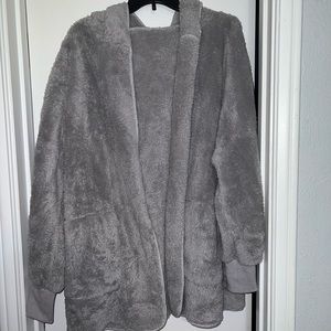 FUZZY GRAY HOODED CARDIGAN